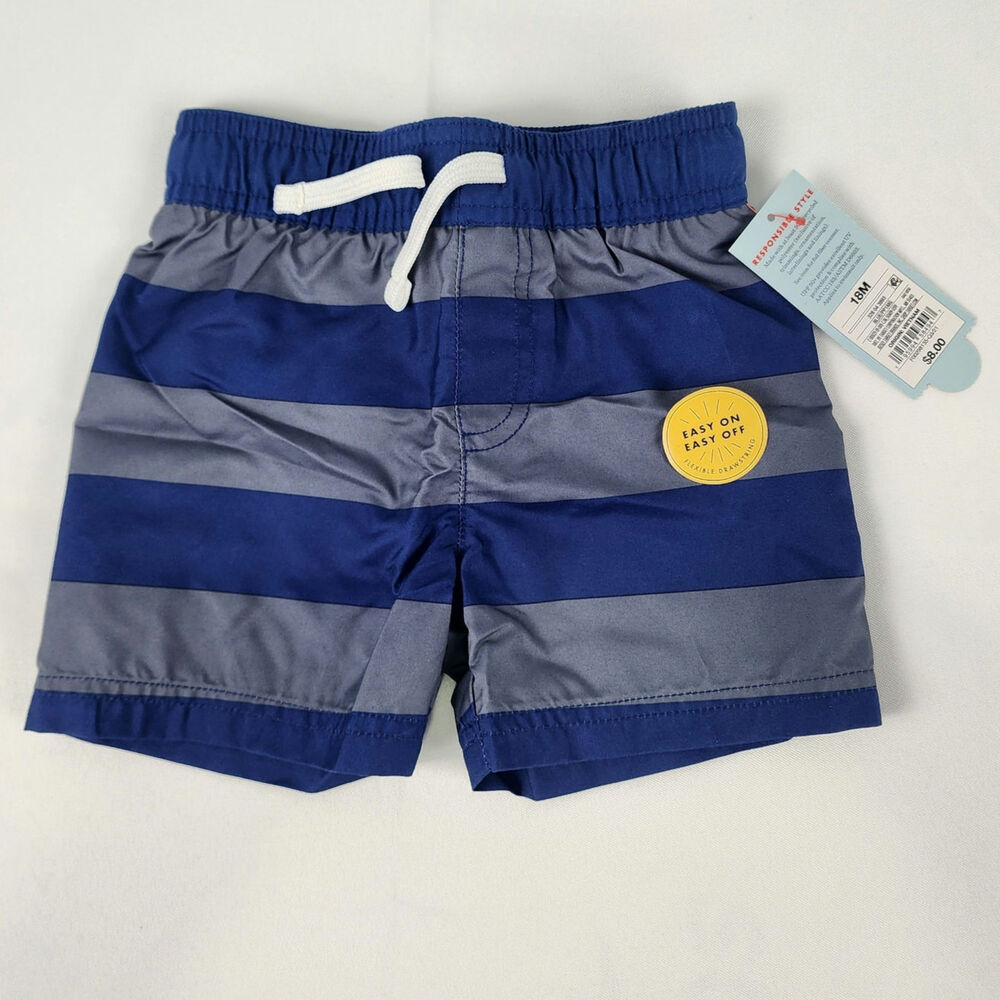 Cat & Jack Toddler Boys Gray Striped Swim Trunks Infant 18 Months UPF 50+